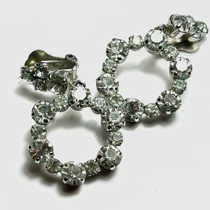 VINTAGE DROP HOOP CLEAR RHINESTONES CLIP ON EARINGS